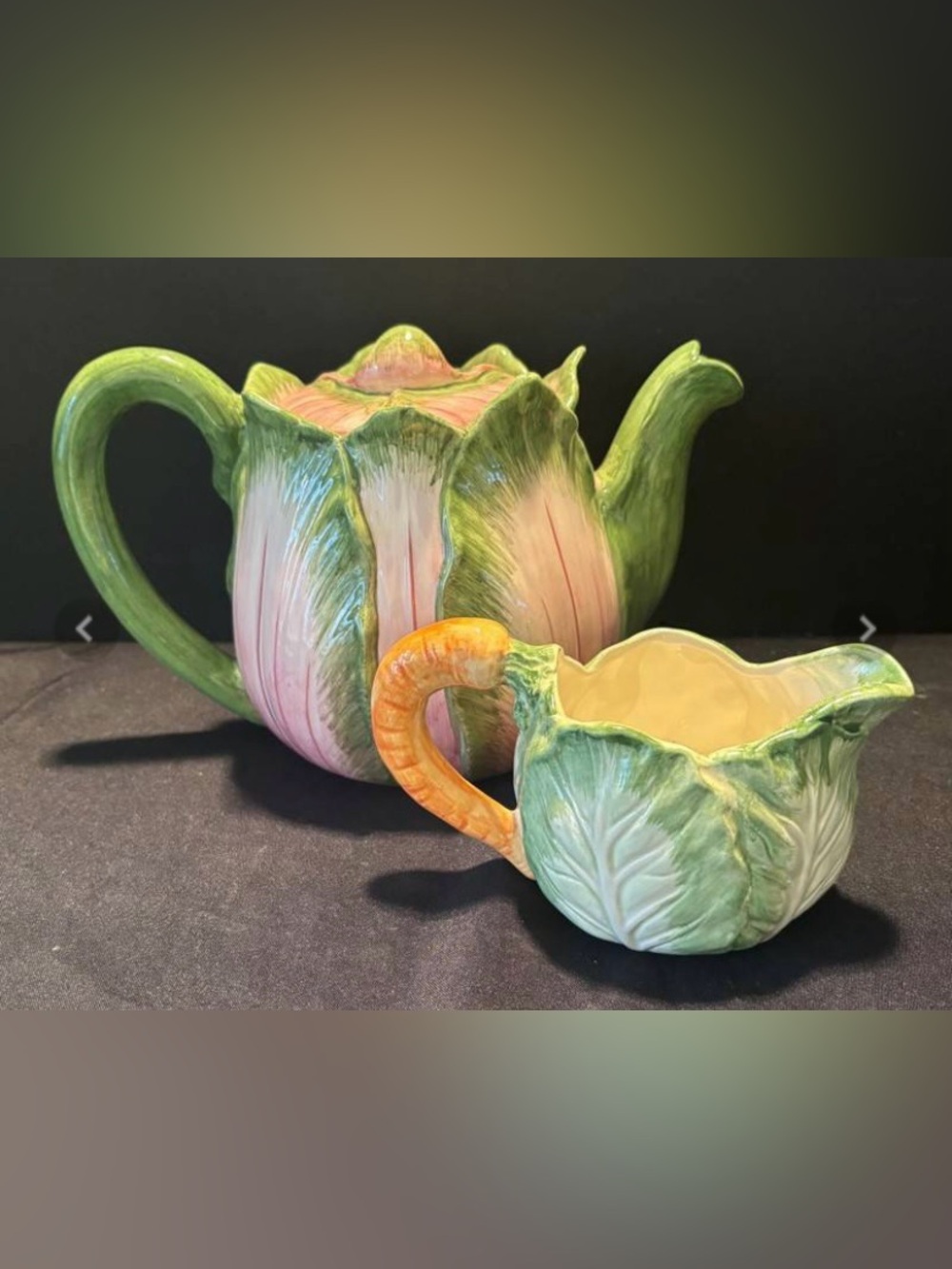 Green and Pink Ceramic Floral Teapot and Creamer Set